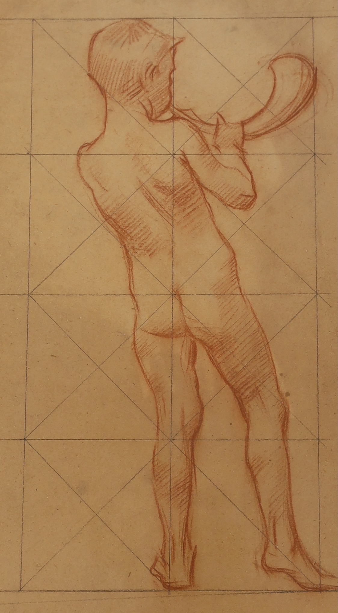 Pre-Raphaelite School, sanguine chalk on buff paper, Gridlined sketch of a putto blowing a horn, 43 x 24cm